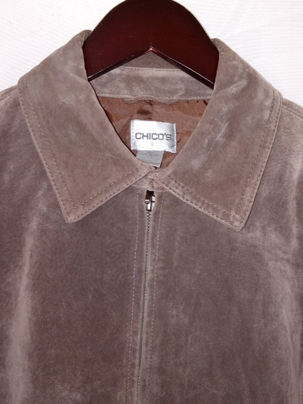 Chico's Brown Suede Leather Zip Jacket Women's Size 2 Large Lined Coat - Picture 3 of 14